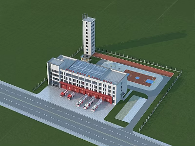 Fire Station Building With Solar Panels Fire Trucks Training Tower And Parking Area 3d model