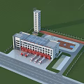Fire Station Building With Solar Panels Fire Trucks Training Tower And Parking Area
