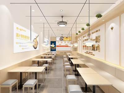 Modern Restaurant Interior With Long Tables Light Colored Seats Wall Menus And Hanging Lights 3d model