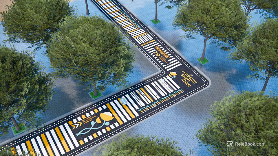 Municipal Road Design With Intersection Zebra Crossings Green Trees And Lane Markings 3d model 