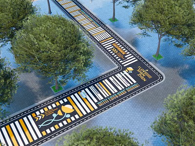 Municipal Road Design With Intersection Zebra Crossings Green Trees And Lane Markings 3d model
