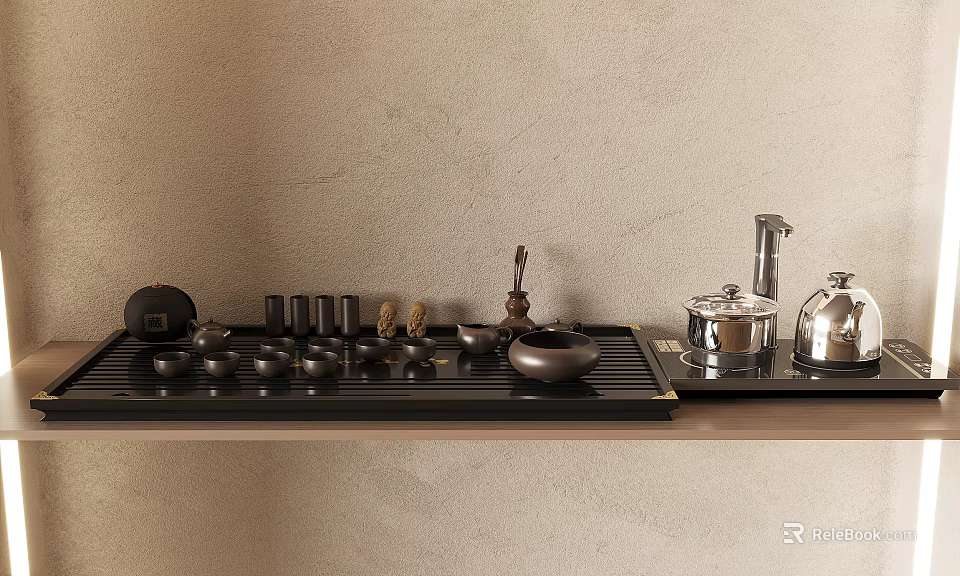 Elegant Tea Set Arrangement On Black Tray With Teacups Teapots And Small Ornaments 3d model 