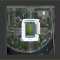 Modern Football Stadium Model With Green Turf Surrounding Trees And Roads