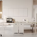 Minimalist Office Desk with Computer Office Supplies and Modern Chair in Bright Workspace White Cabinets