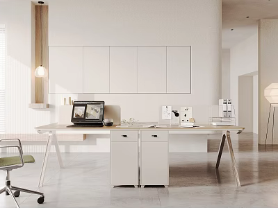 Minimalist Office Desk with Computer Office Supplies and Modern Chair in Bright Workspace White Cabinets 3d model