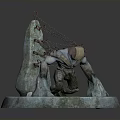 Fantasy Mechanical Sculpture With Red Ring Top And Green Mossy Base And Decorative Details