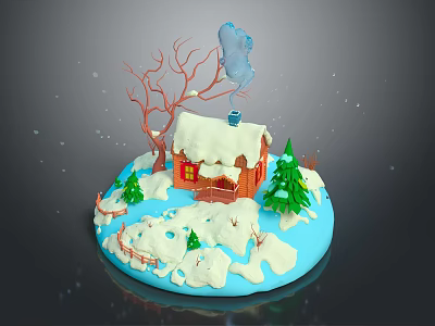 Wooden House in Winter Snow Scene with Snow-Covered Roof Smoking Chimney and Pine Trees 3d model
