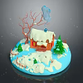 Wooden House in Winter Snow Scene with Snow-Covered Roof Smoking Chimney and Pine Trees