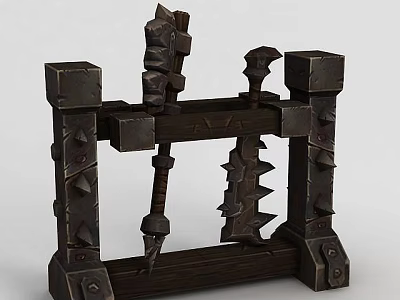 Tech Exhibition Hall Displaying Ancient Mechanical Device With Spiked Iron Structure 3d model
