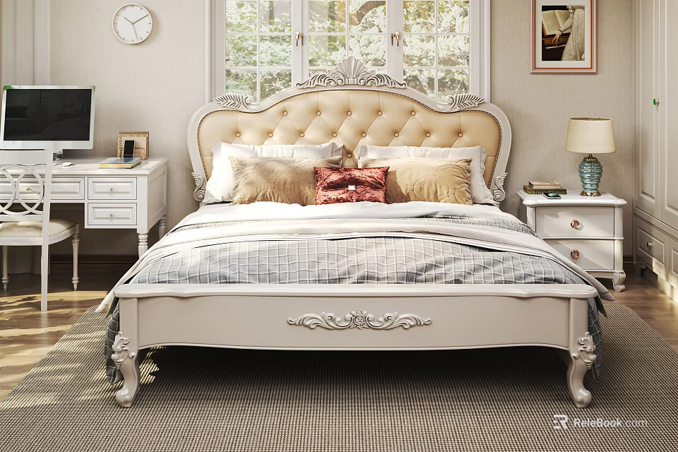 Elegant Classic Double Bed With Tufted Headboard Carved Frame Bedside Tables And Table Lamp 3d model 
