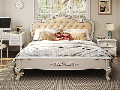 Elegant Classic Double Bed With Tufted Headboard Carved Frame Bedside Tables And Table Lamp 3d model