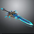 Mythical Blue And Gold Sword With Elaborate Glowing Details And Metallic Finish
