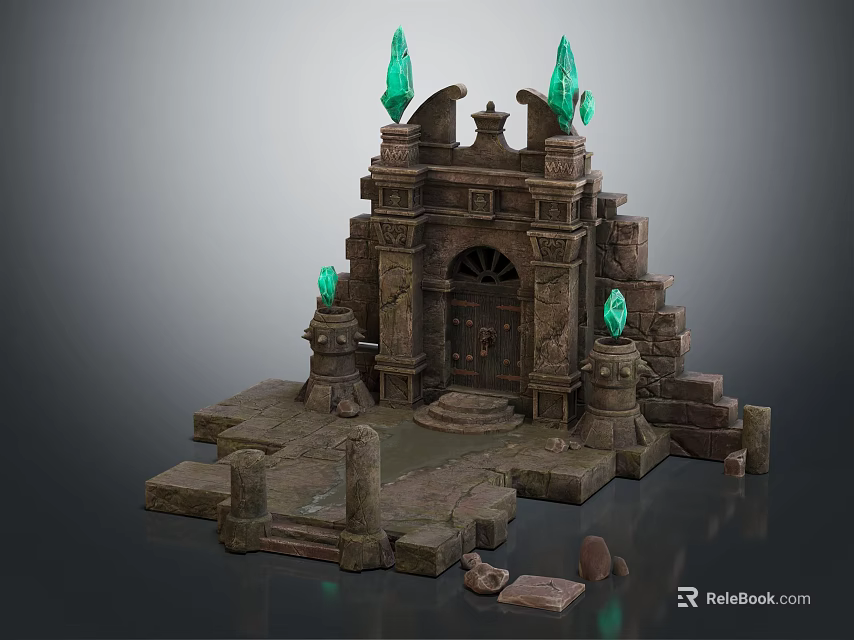 Ancient Ornate Stone Structure With Green Gemstones Archway Steps And Stone Base 3d model 
