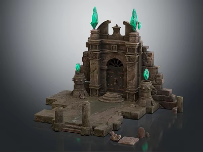 Ancient Ornate Stone Structure With Green Gemstones Archway Steps And Stone Base 3d model