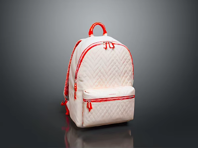 White Quilted Backpack with Red Accents Handle Zipper and Front Pocket 3d model