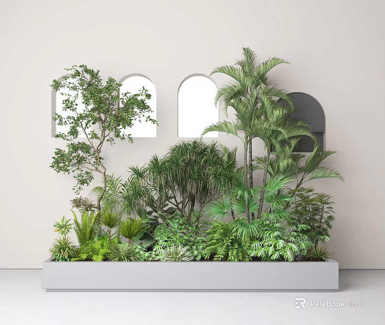 Indoor Green Plants Rectangular Planter with White Wall Arched Windows Palm Trees Ferns and Shrubs 3d model 