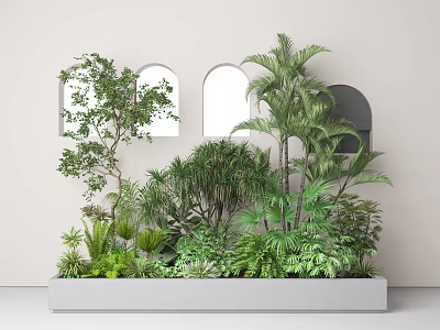 Indoor Green Plants Rectangular Planter with White Wall Arched Windows Palm Trees Ferns and Shrubs 3d model