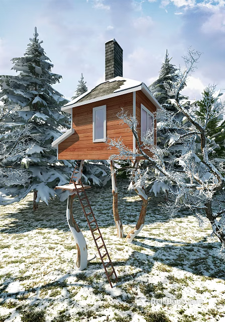 Cartoon Treehouse Scene In Winter With Snow Covered Trees And Wooden Ladder 3d model 