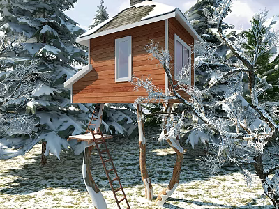 Cartoon Treehouse Scene In Winter With Snow Covered Trees And Wooden Ladder 3d model