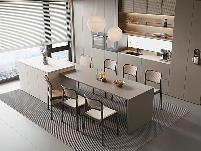 Modern Restaurant Interior With Long Dining Table Chairs Pendant Lights And Kitchen Cabinets 3d model