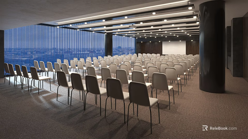 Spacious Modern Conference Room With Rows of Chairs Large Windows and City View 3d model 