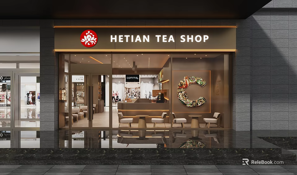 Modern HE TIAN Tea Shop Exterior With Glass Facade And Interior Seating Area 3d model 