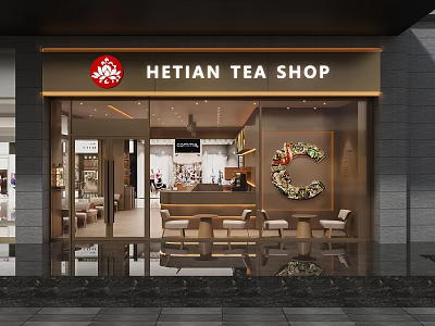 Modern HE TIAN Tea Shop Exterior With Glass Facade And Interior Seating Area 3d model