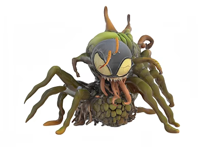 Cartoon Spider Insect Hybrid Monster With Multiple Legs Green Black Body Yellow Eyes Sharp Fangs 3d model