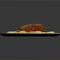 Roasted Pork Roll With Potato Dumplings In Red Sauce On White Plate With Purple Pattern