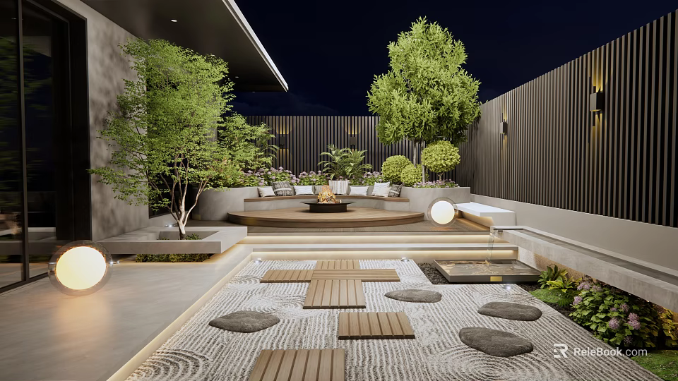 Elegant Courtyard Garden With Green Trees Bushes Wooden Platform Steps And Round Lights 3d model 