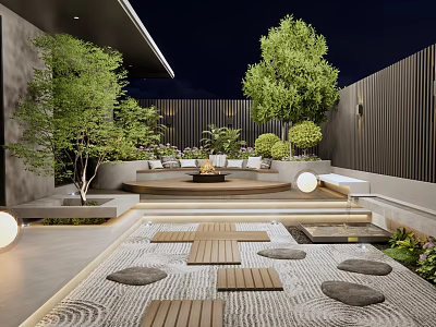 Elegant Courtyard Garden With Green Trees Bushes Wooden Platform Steps And Round Lights 3d model