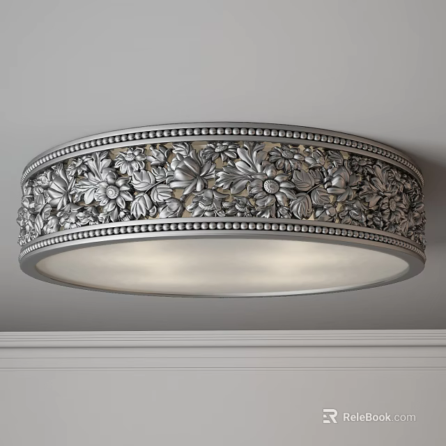 Classic Silver Round Ceiling Light with Carved Floral Leaf Patterns Illuminating Room 3d model