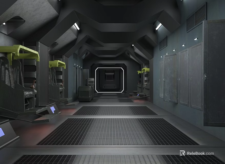 Sci Fi Industrial Corridor With Geometric Ceiling Grid Floor Equipment Lockers And Illuminated Opening 3d model 