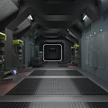 Sci Fi Industrial Corridor With Geometric Ceiling Grid Floor Equipment Lockers And Illuminated Opening