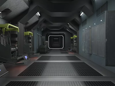 Sci Fi Industrial Corridor With Geometric Ceiling Grid Floor Equipment Lockers And Illuminated Opening 3d model
