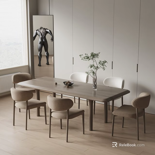 Rectangular Wooden Dining Table Set With Six Beige Chairs And Plant Vase Decoration 3d model 