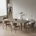 Rectangular Wooden Dining Table Set With Six Beige Chairs And Plant Vase Decoration