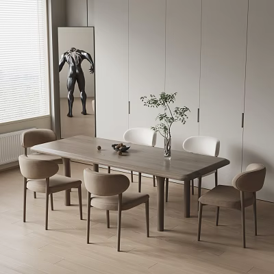Rectangular Wooden Dining Table Set With Six Beige Chairs And Plant Vase Decoration 3d model