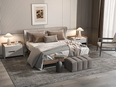Modern Interior Background Double Bed With Bedside Lamps Nightstands Rug And Decorative Painting 3d model