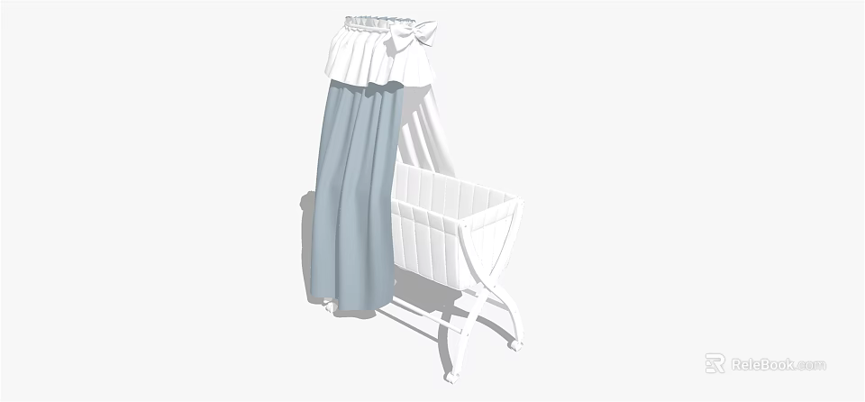Classic White Baby Crib with Blue Canopy Curtain and Ruffled Top Design 3d model 