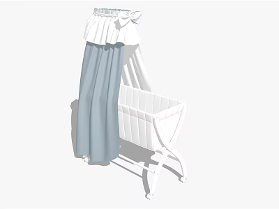 Classic White Baby Crib with Blue Canopy Curtain and Ruffled Top Design 3d model