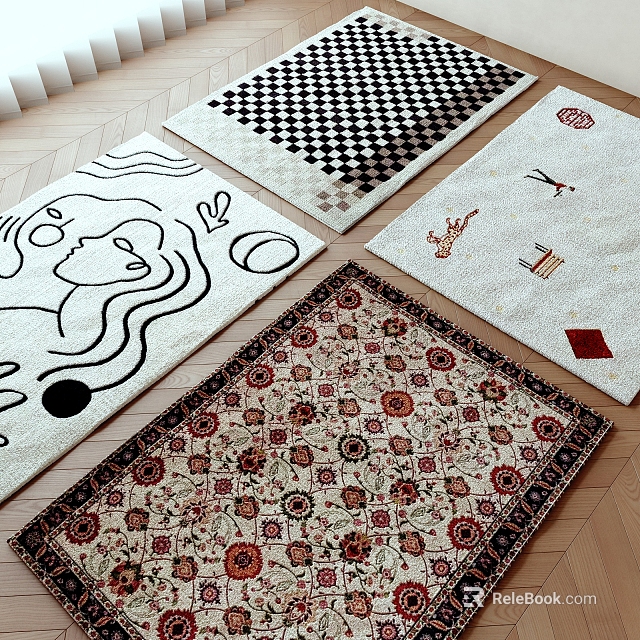 Square Area Rugs with Various Designs Line Art Checkerboard Tool Motifs and Traditional Patterns 3d model 