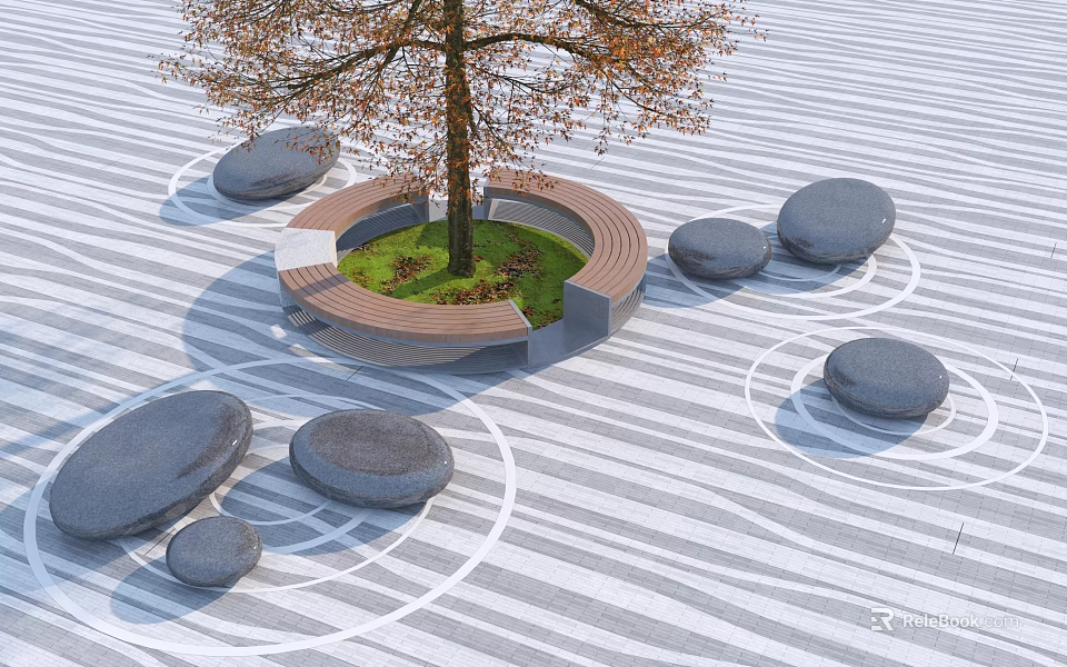 Wooden Circular Landscape Seating Surrounded by Tree and Stones on Striped Ground 3d model 
