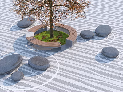 Wooden Circular Landscape Seating Surrounded by Tree and Stones on Striped Ground 3d model