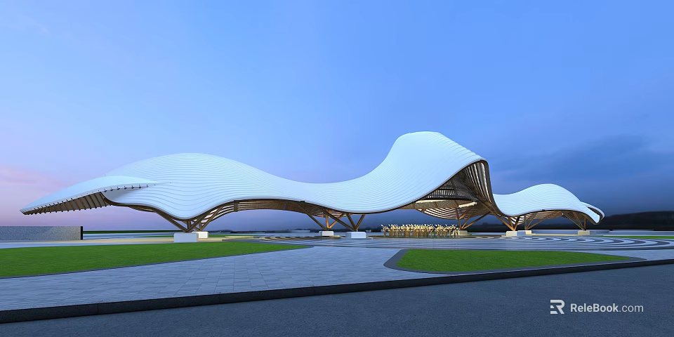 Modern Wave Shaped Architecture With White Roof And Wooden Structure Open Square Lawn Blue Sky 3d model 