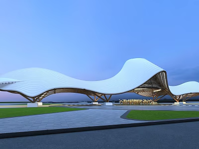 Modern Wave Shaped Architecture With White Roof And Wooden Structure Open Square Lawn Blue Sky 3d model