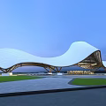 Modern Wave Shaped Architecture With White Roof And Wooden Structure Open Square Lawn Blue Sky