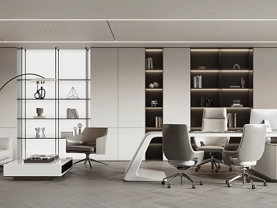Modern Minimalist Office Interior Design With Office Desk Chairs Bookshelf And Floor to Ceiling Windows 3d model