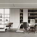 Modern Minimalist Office Interior Design With Office Desk Chairs Bookshelf And Floor to Ceiling Windows