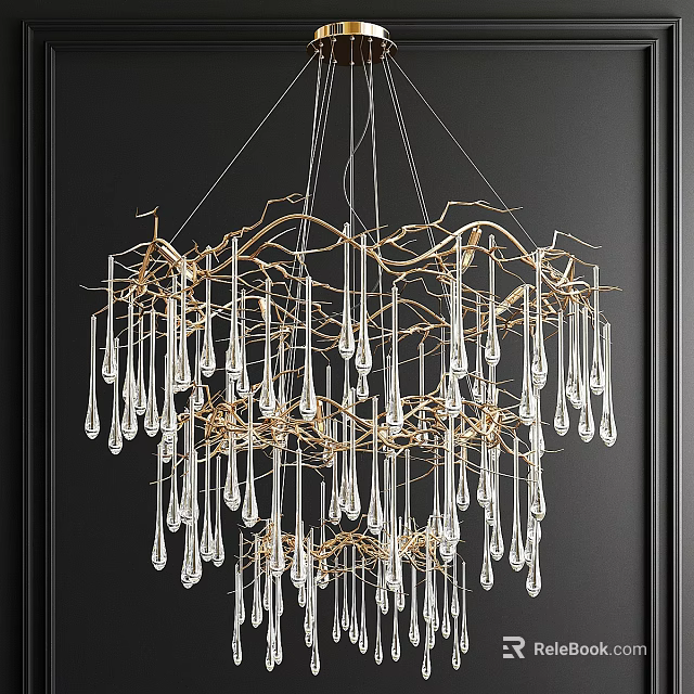 Elegant Crystal Chandelier with Golden Branch Frame and Hanging Crystal Pendants on Dark Wall 3d model 